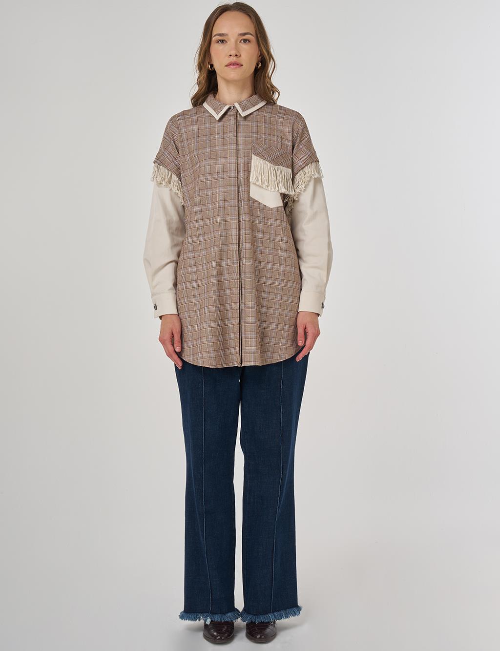 Fringed Checked Pattern Tunic Camel