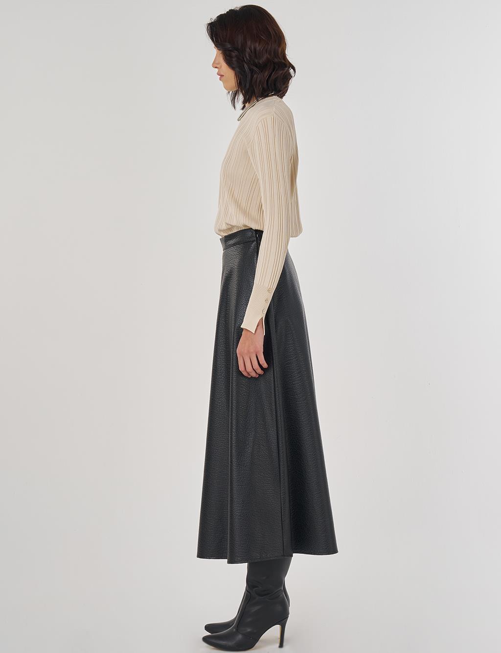 Yüksek Bel Suni Deri Etek Siyah 