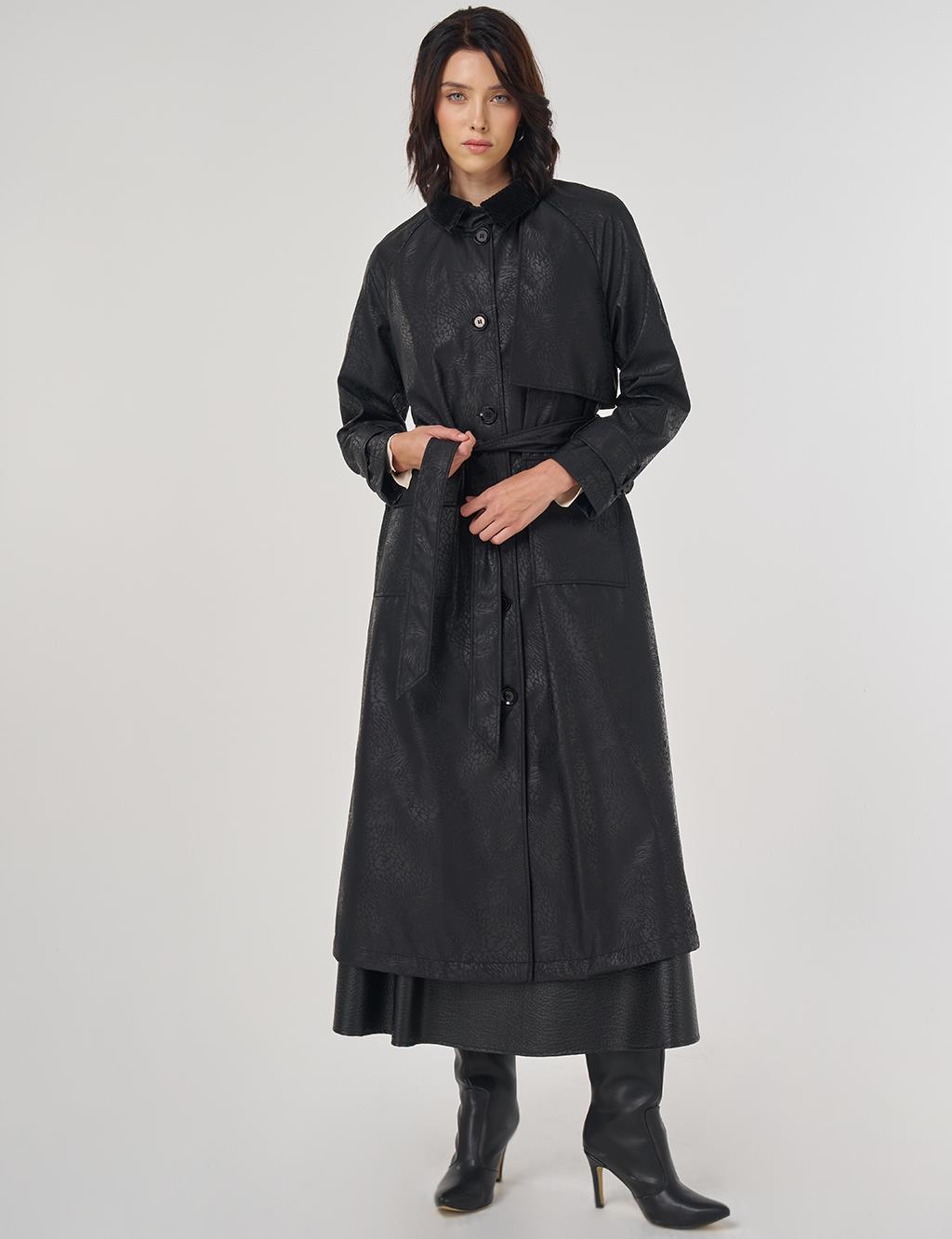 Kadife Yakalı Uzun Trençkot Siyah 