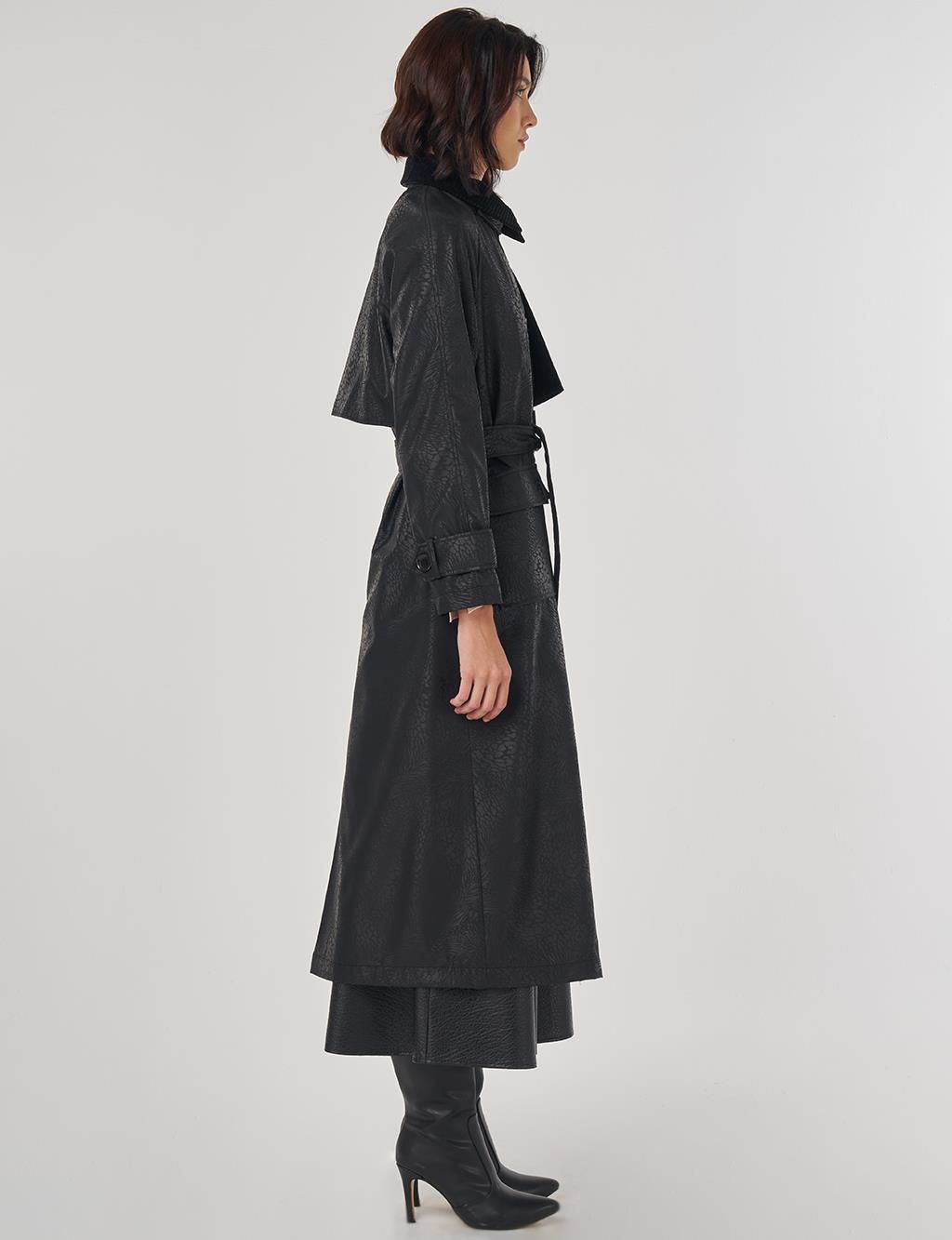 Kadife Yakalı Uzun Trençkot Siyah 