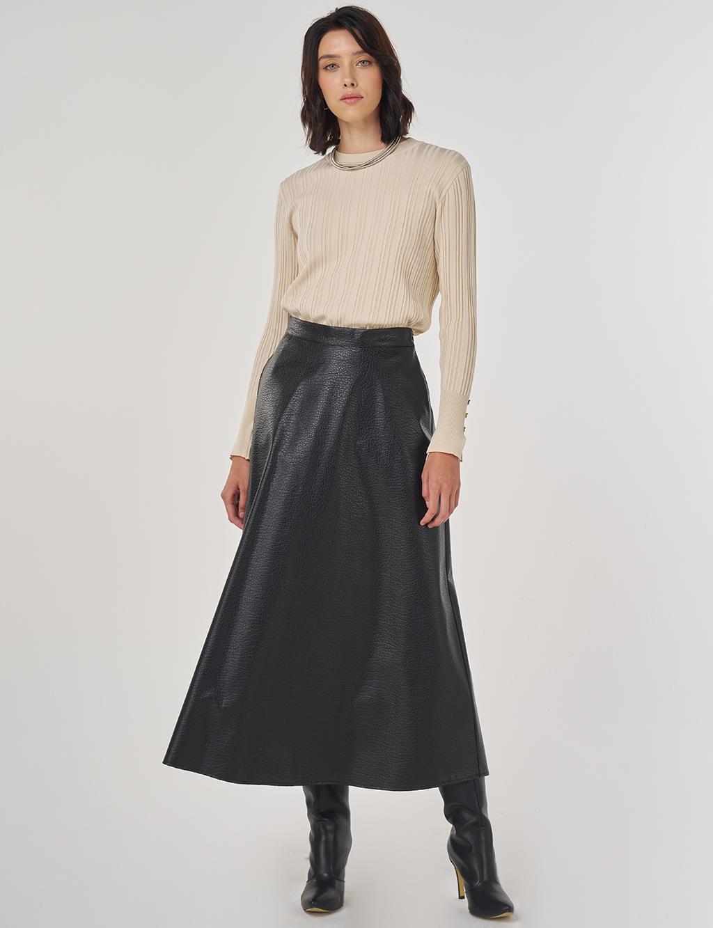 Yüksek Bel Suni Deri Etek Siyah 