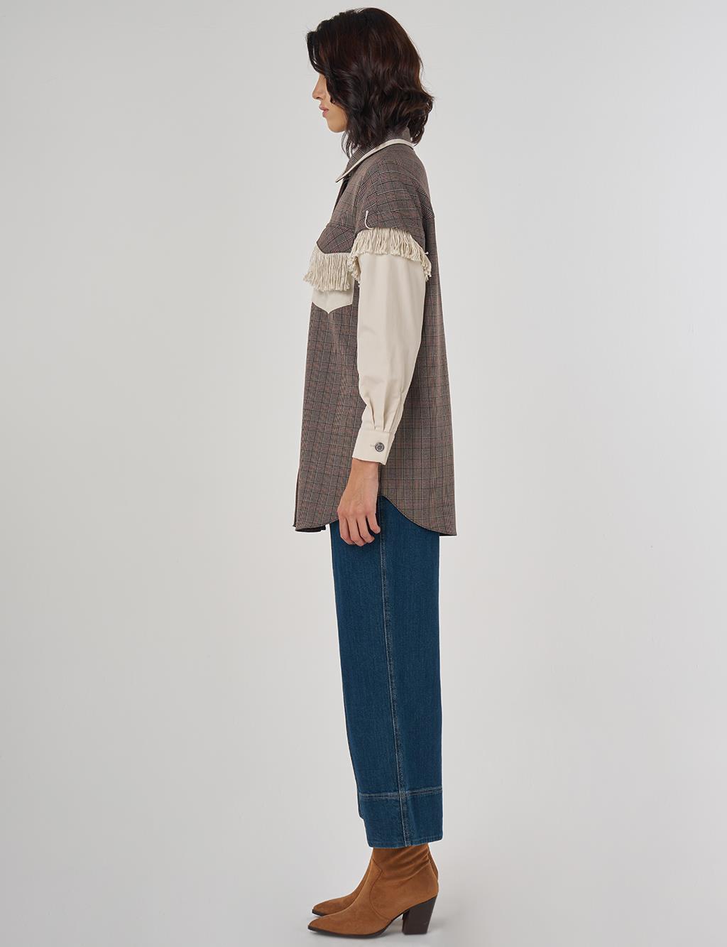 Fringed Checked Pattern Tunic Dark Brown