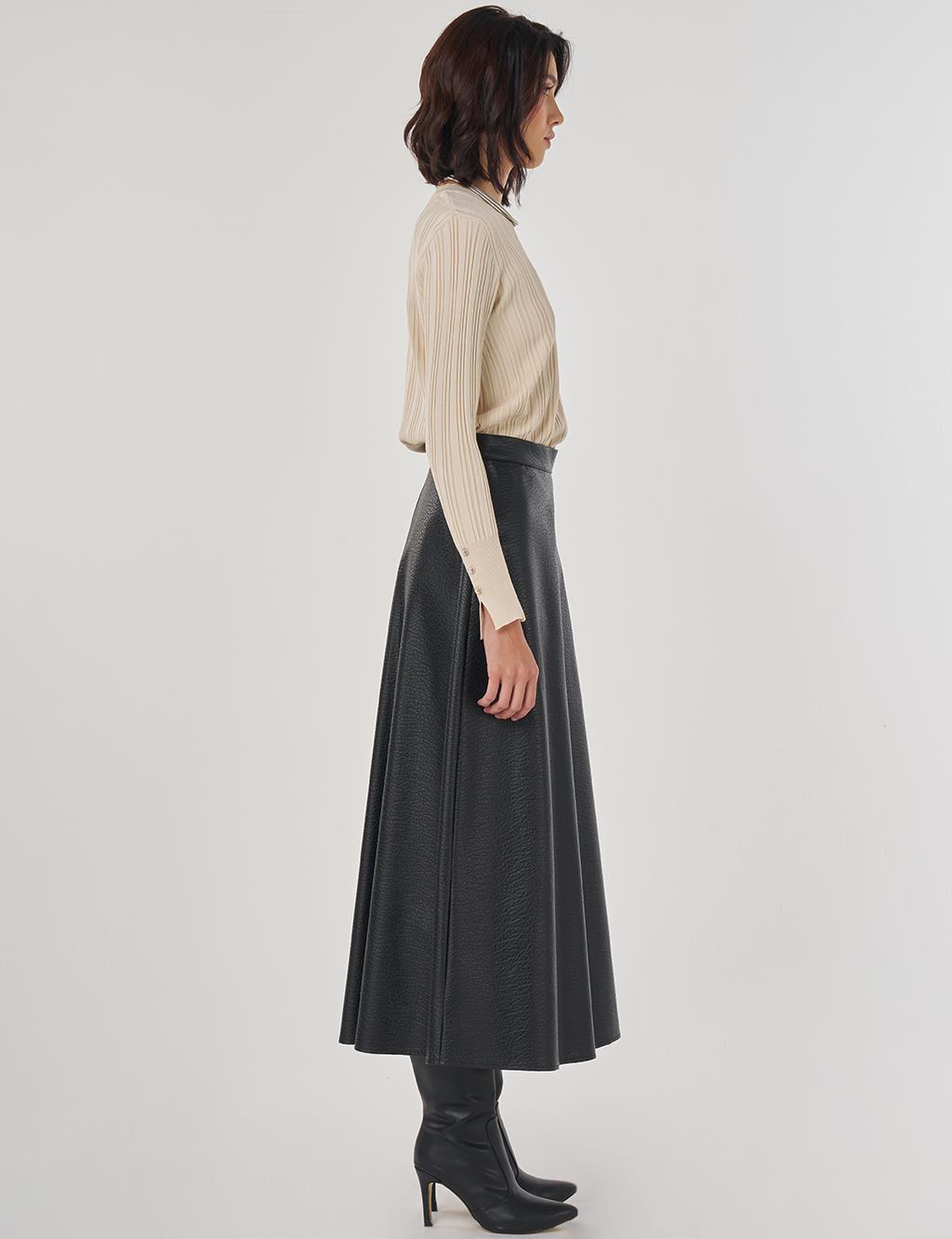 Yüksek Bel Suni Deri Etek Siyah 