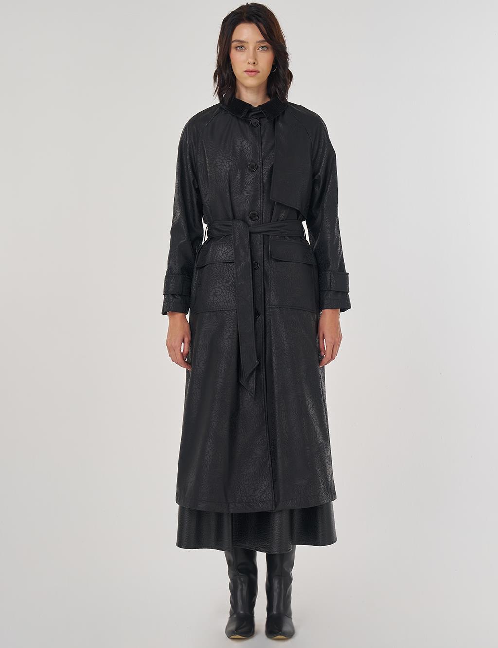 Kadife Yakalı Uzun Trençkot Siyah 