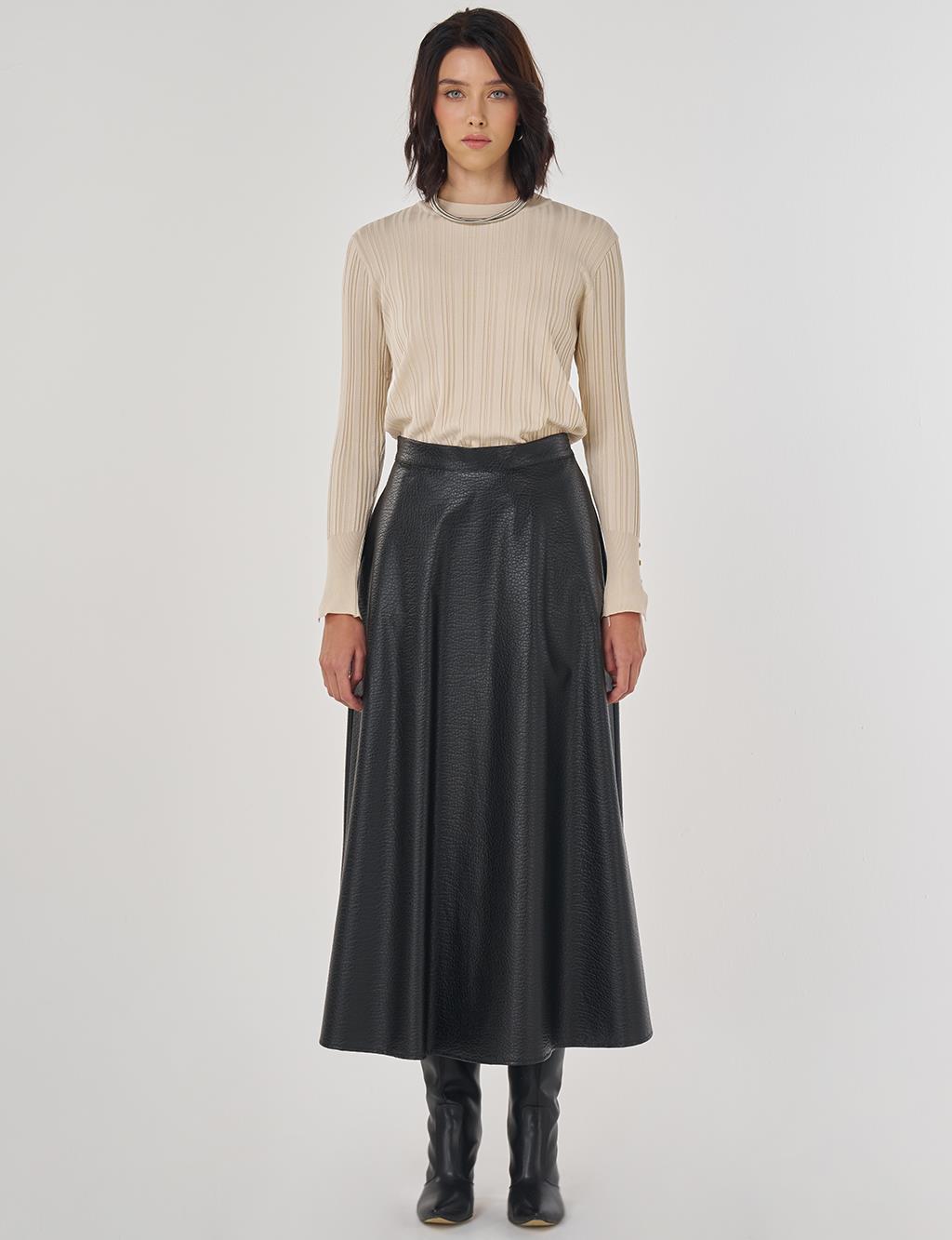 Yüksek Bel Suni Deri Etek Siyah 