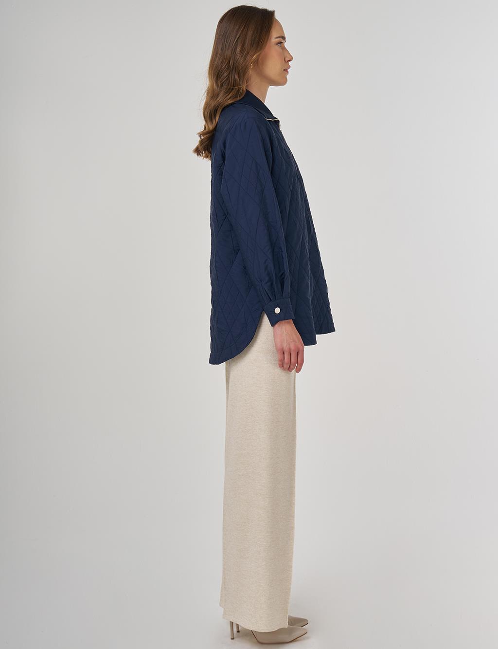 Wide Collar Embossed Sweatshirt Dark Navy