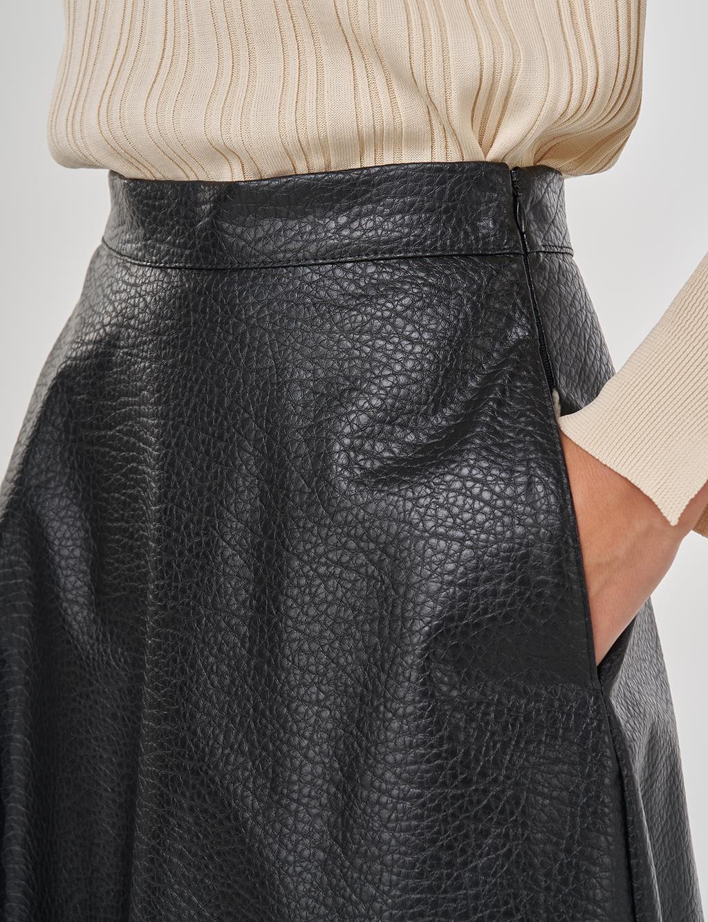 Yüksek Bel Suni Deri Etek Siyah 