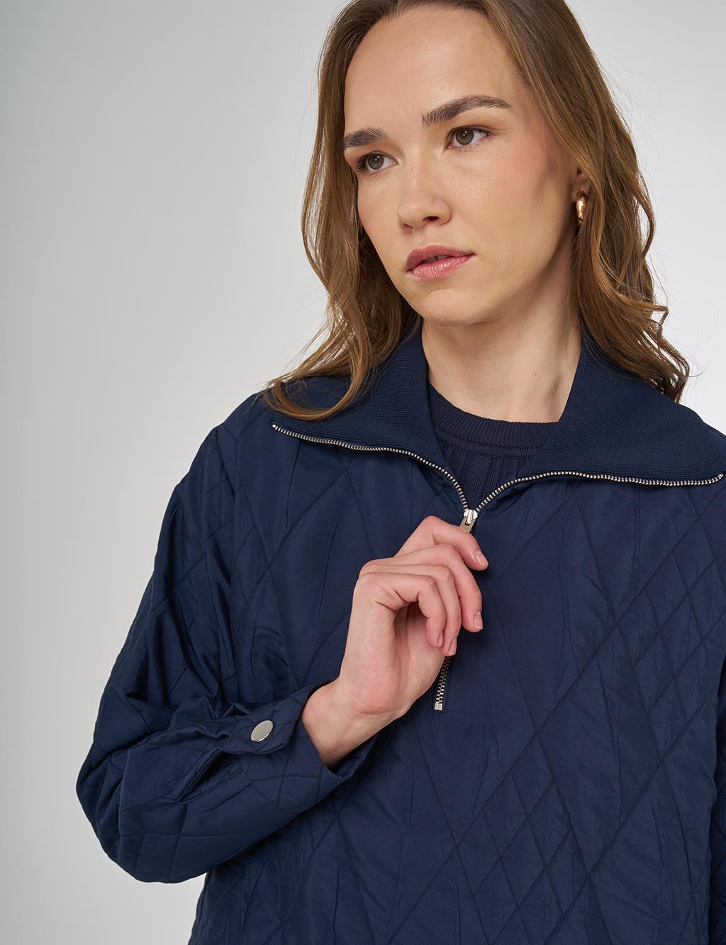 Wide Collar Embossed Sweatshirt Dark Navy