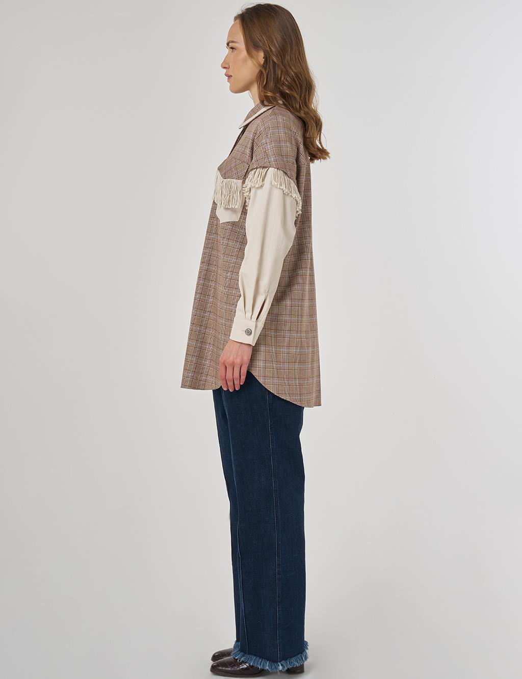 Fringed Checked Pattern Tunic Camel