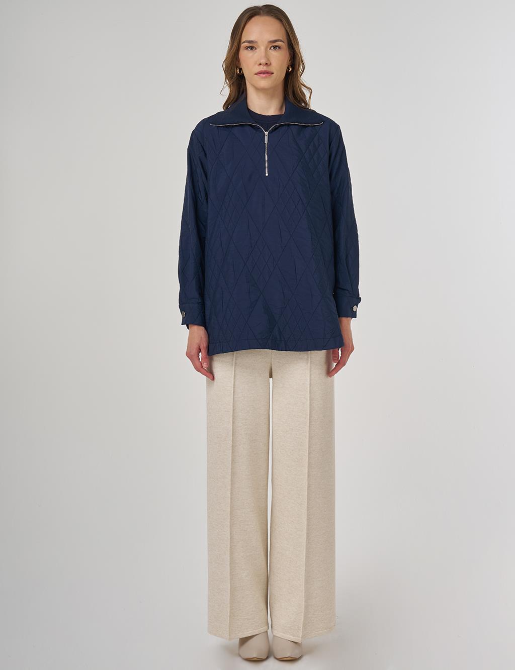 Wide Collar Embossed Sweatshirt Dark Navy