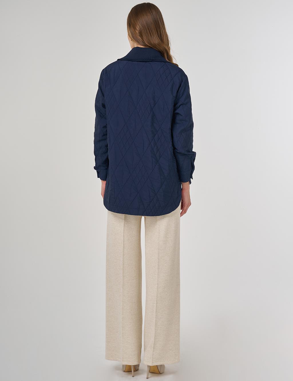 Wide Collar Embossed Sweatshirt Dark Navy