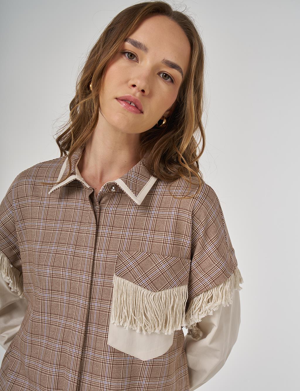 Fringed Checked Pattern Tunic Camel