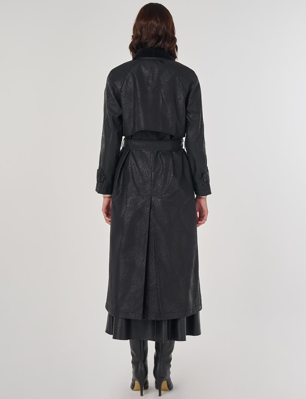 Kadife Yakalı Uzun Trençkot Siyah 