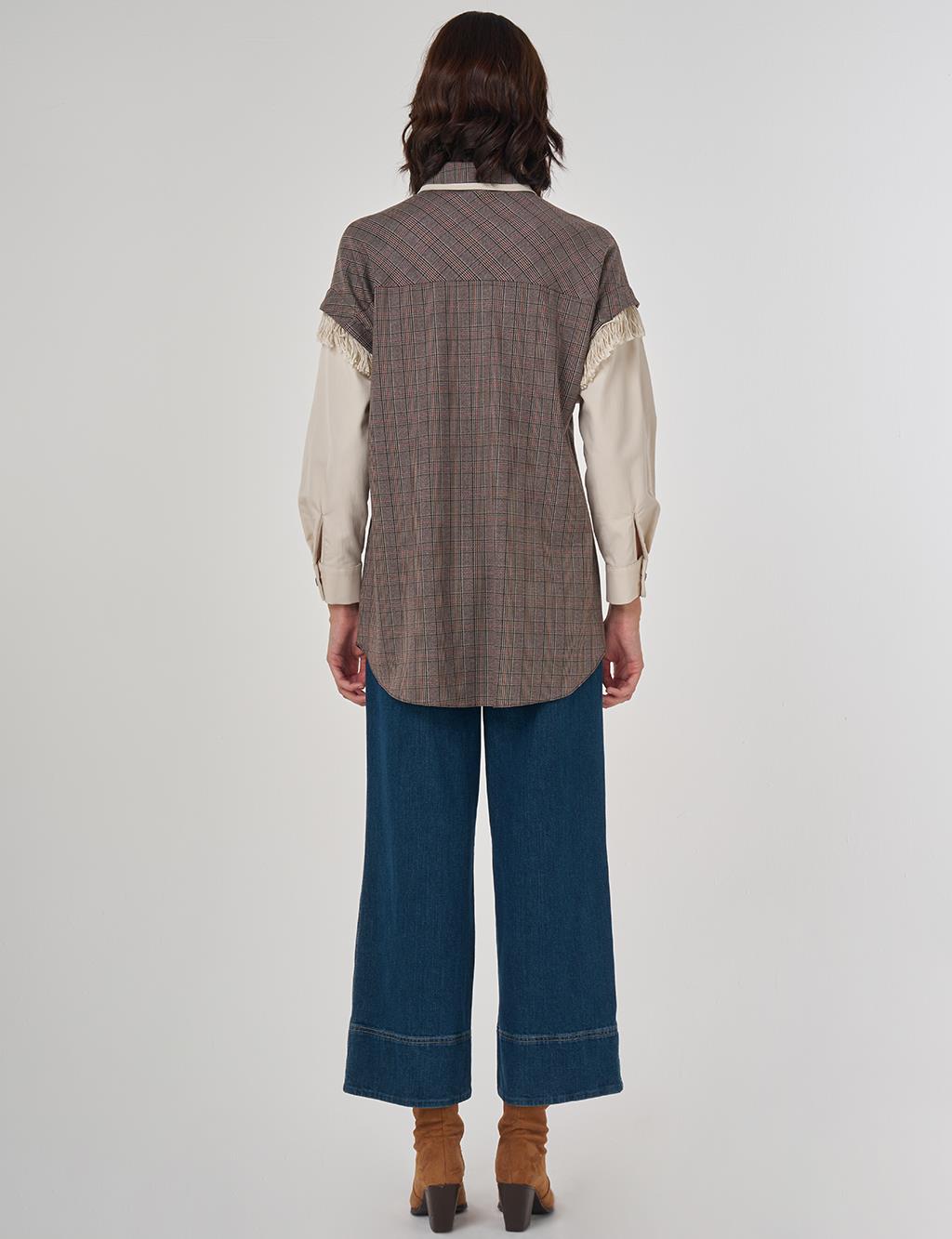 Fringed Checked Pattern Tunic Dark Brown