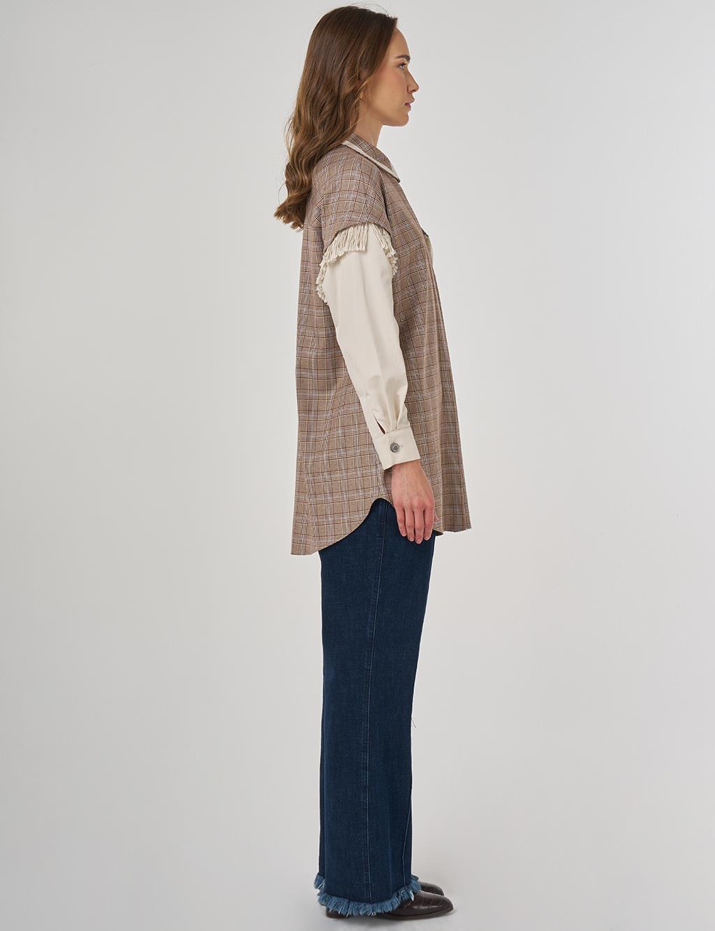 Fringed Checked Pattern Tunic Camel