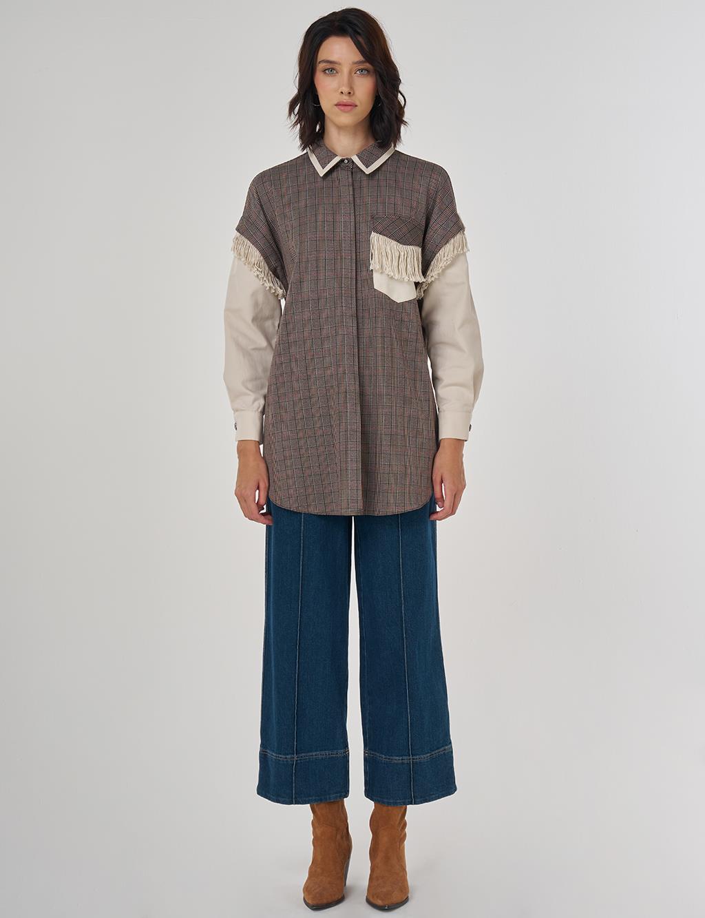 Fringed Checked Pattern Tunic Dark Brown