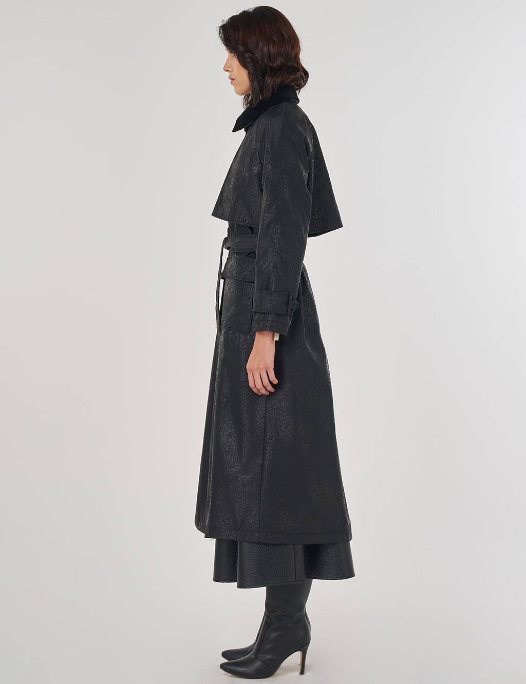 Kadife Yakalı Uzun Trençkot Siyah 