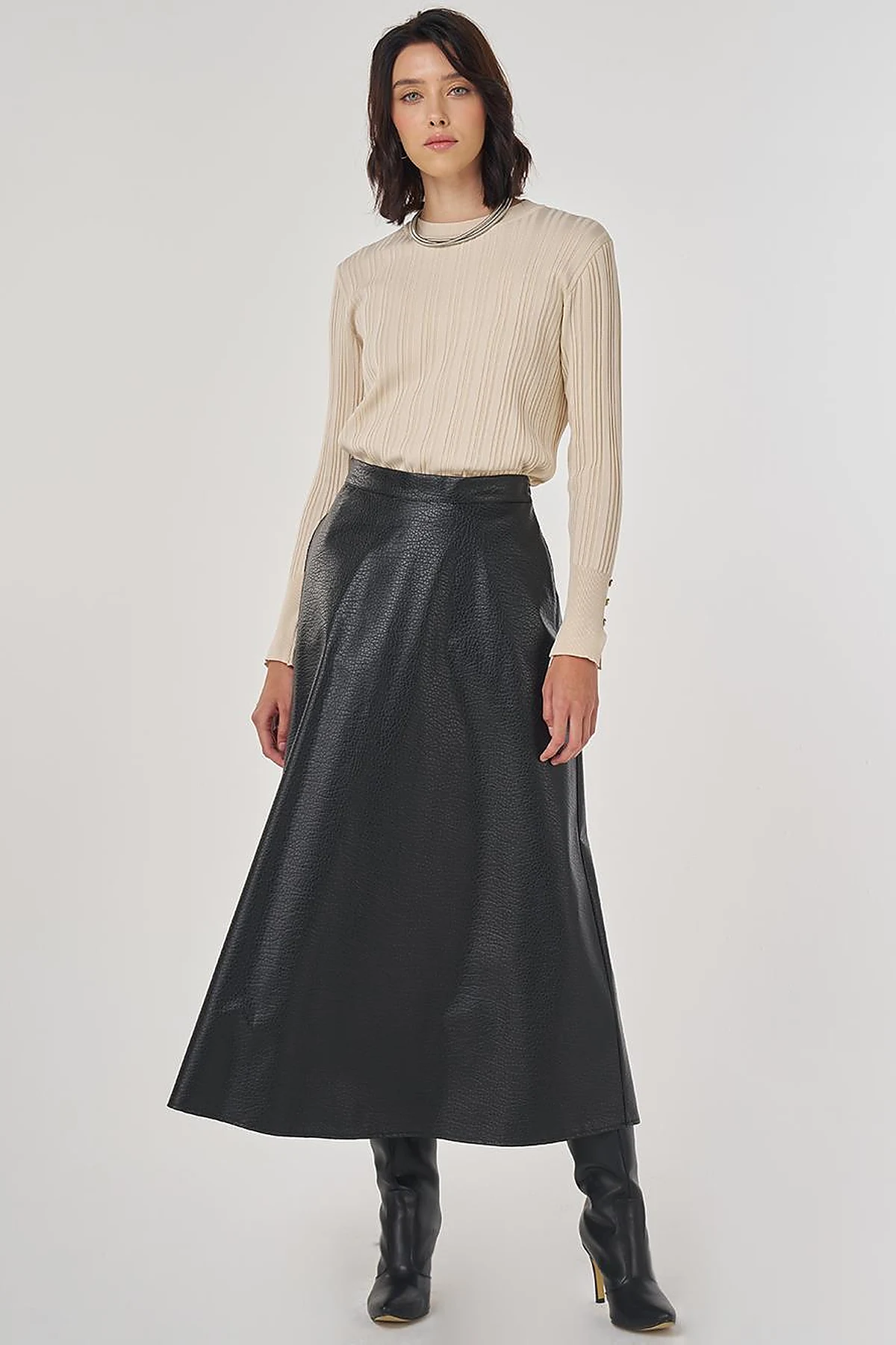 Faux Leather Flared Skirt Black