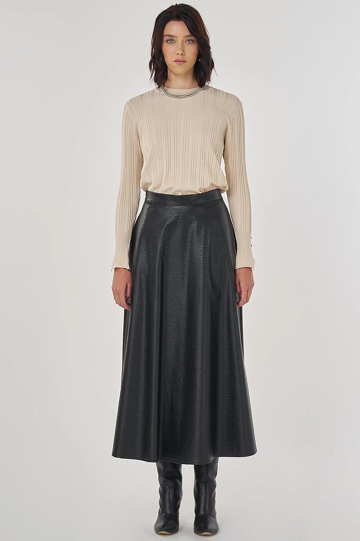 Faux Leather Flared Skirt Black