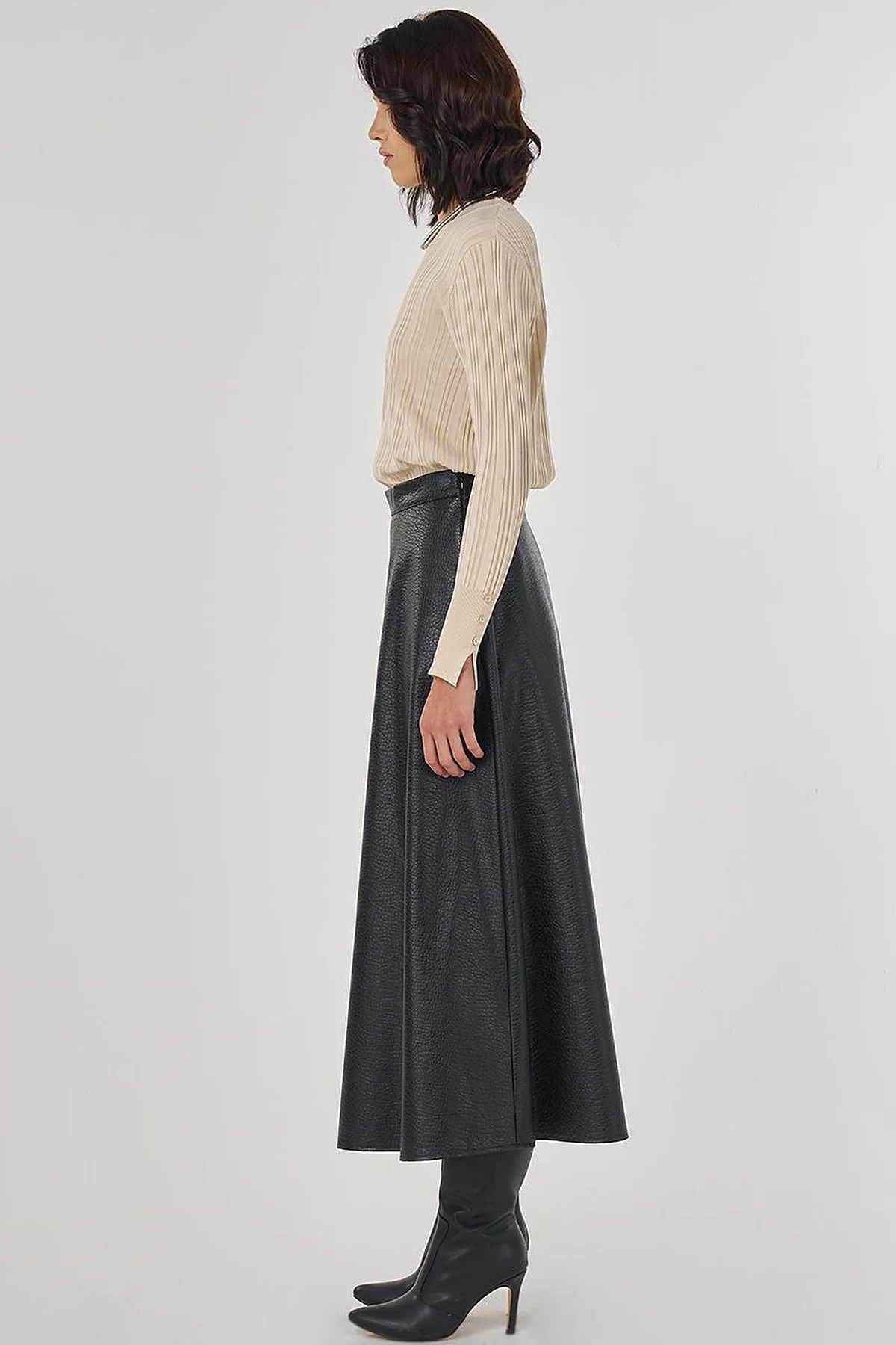 Faux Leather Flared Skirt Black