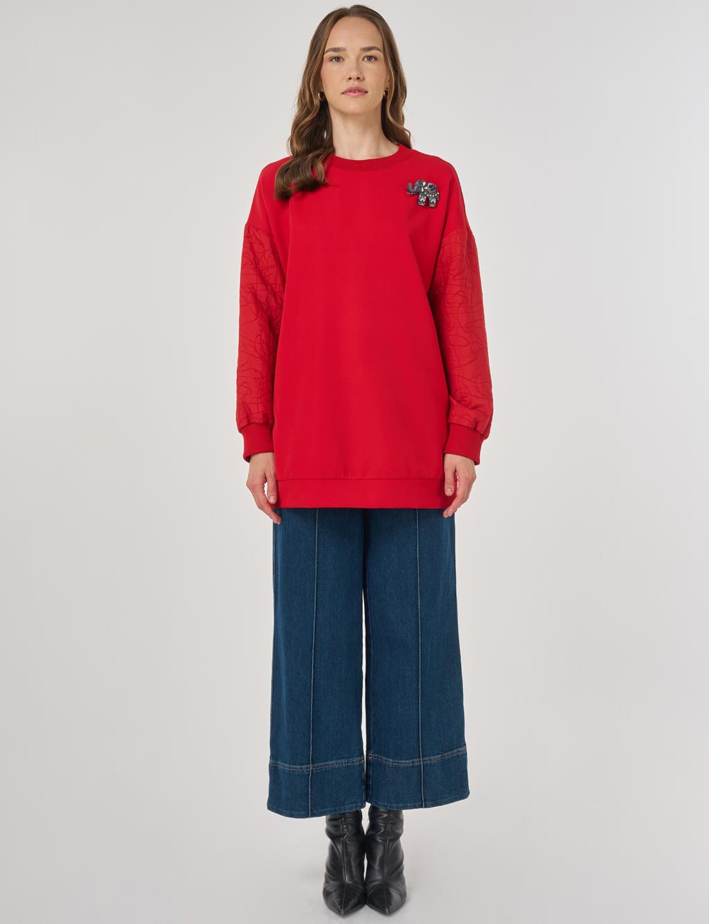 Kumaş Garnili Sweatshirt Kırmızı 