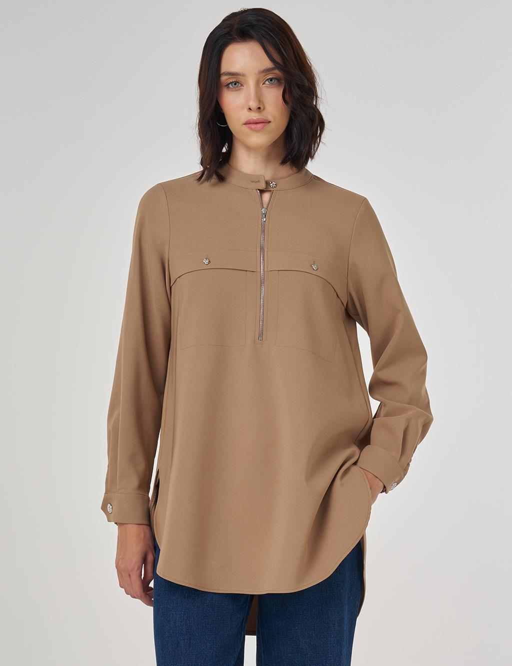 Stitch Detailed Tunic in Dark Taupe