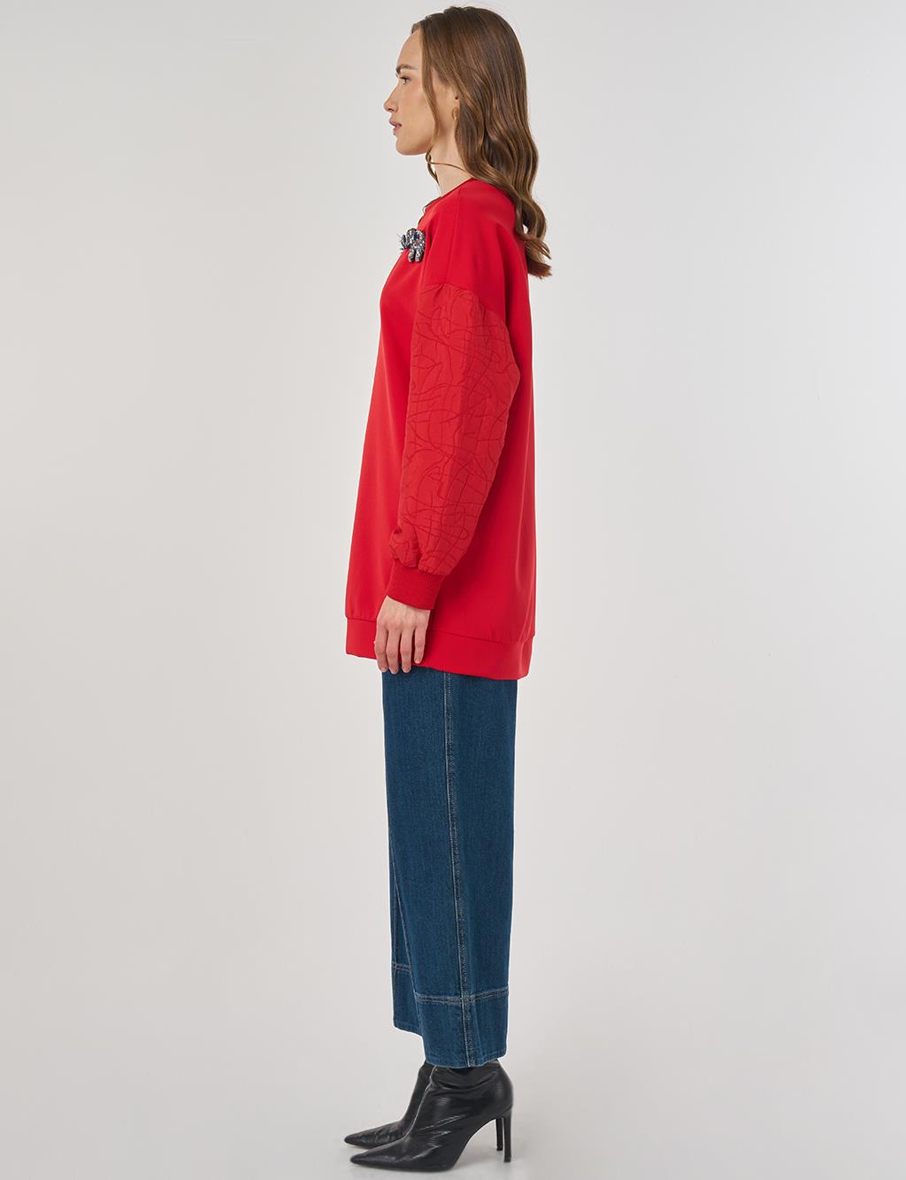 Kumaş Garnili Sweatshirt Kırmızı 