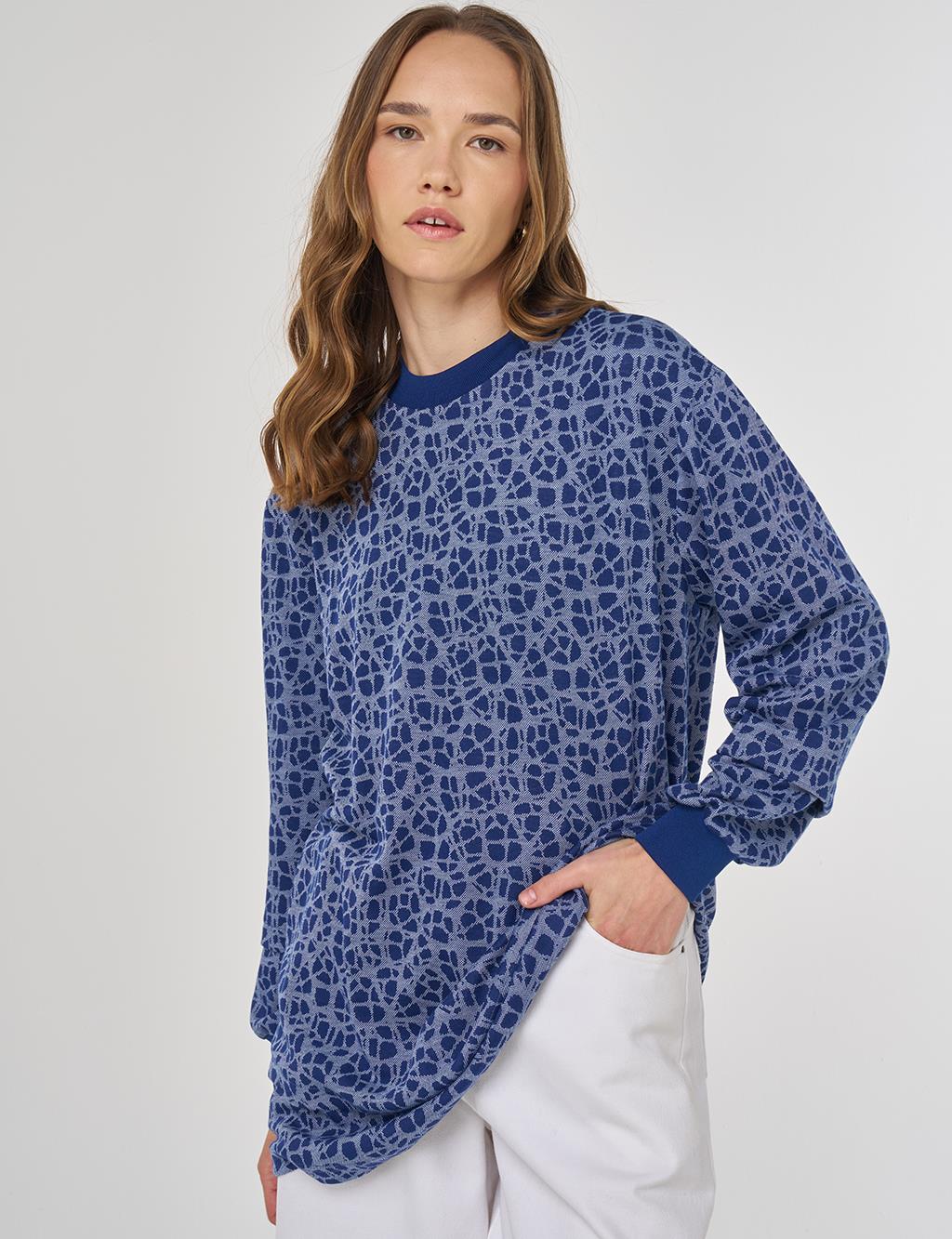 Desenli Viskon Sweatshirt İndigo 