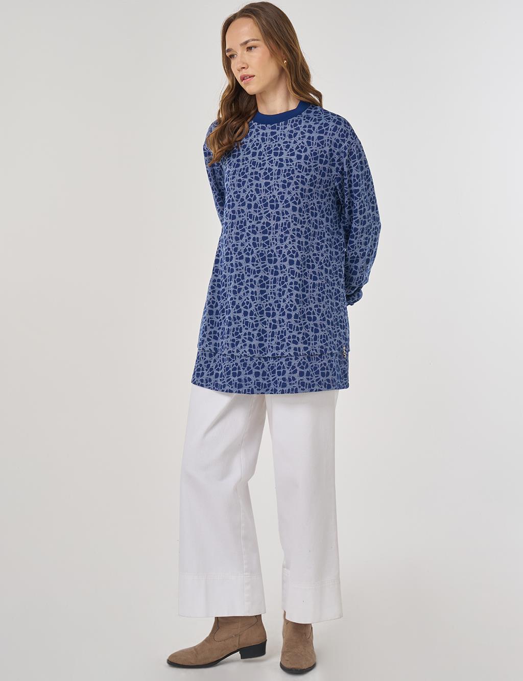 Desenli Viskon Sweatshirt İndigo 