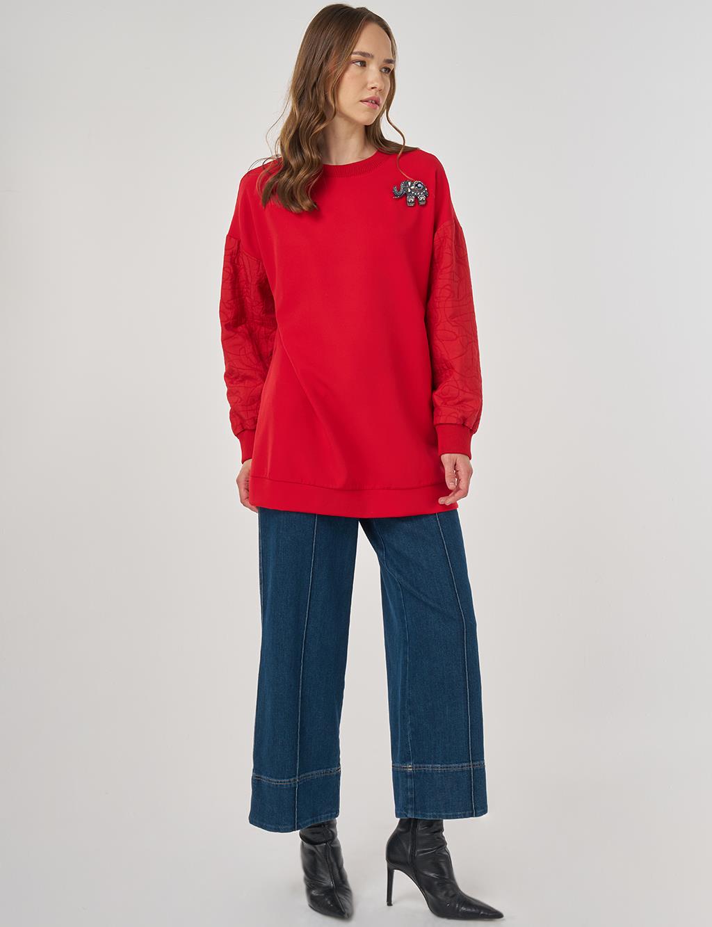 Kumaş Garnili Sweatshirt Kırmızı 