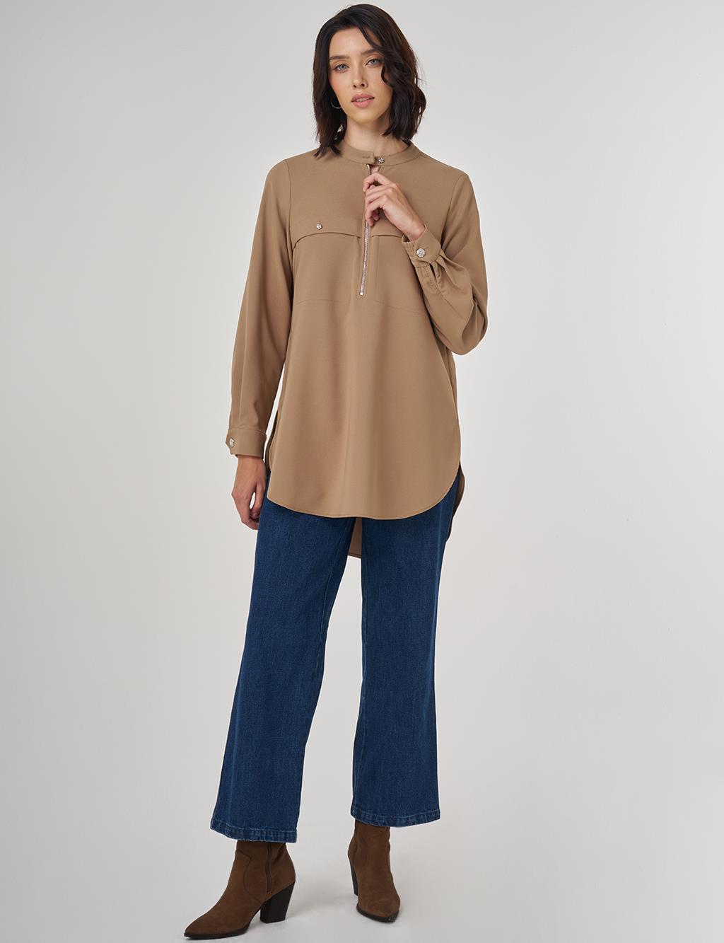 Stitch Detailed Tunic in Dark Taupe