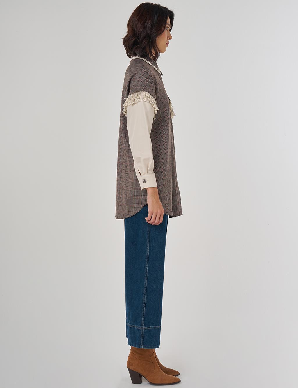 Fringed Checked Pattern Tunic Dark Brown