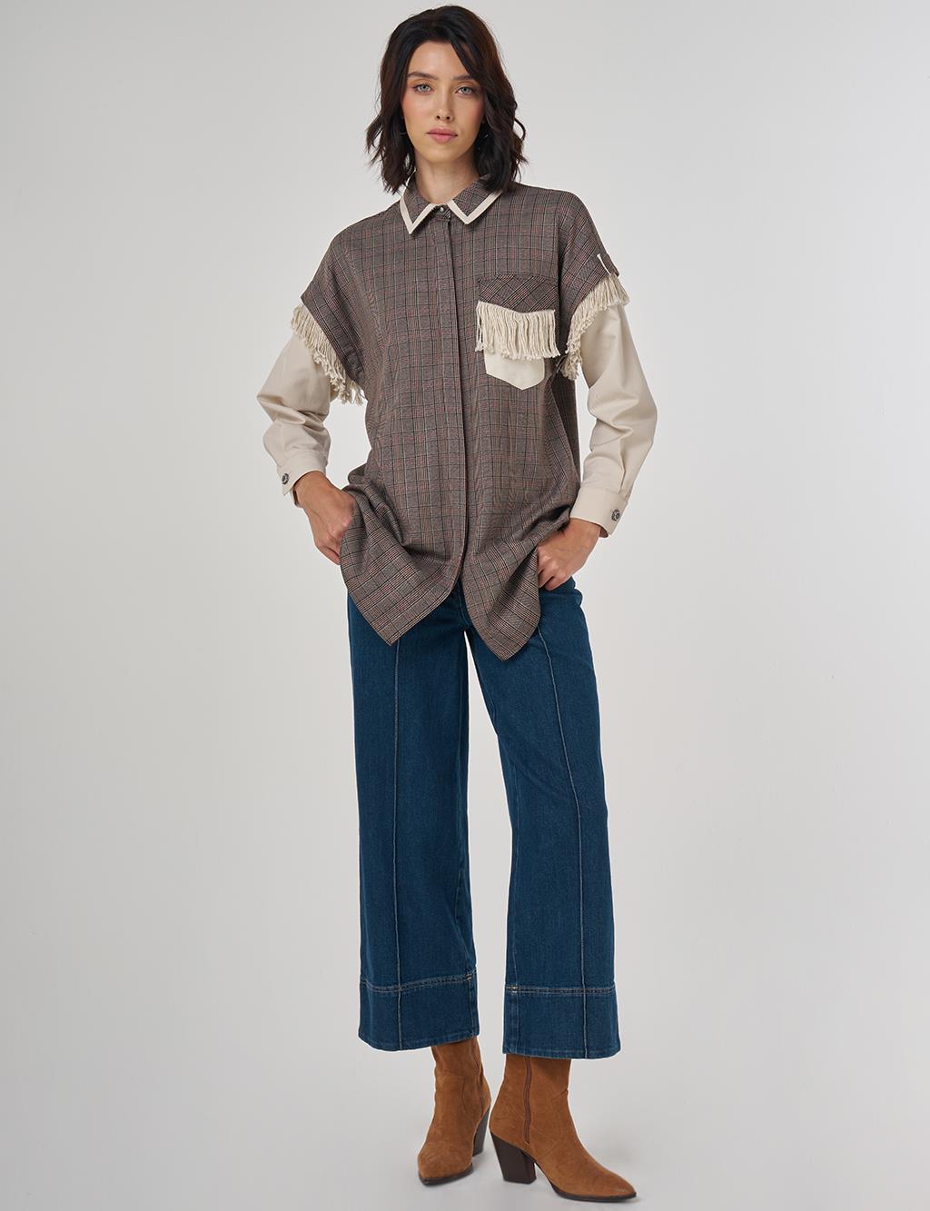 Fringed Checked Pattern Tunic Dark Brown