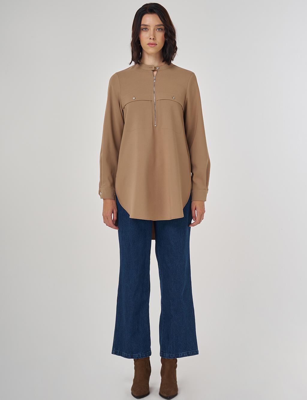 Stitch Detailed Tunic in Dark Taupe