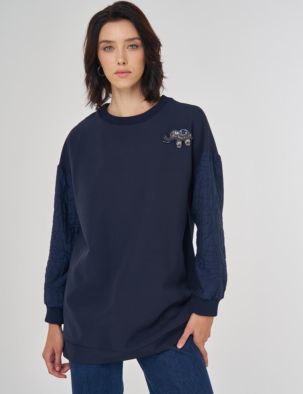 Kumaş Garnili Sweatshirt Koyu Lacivert