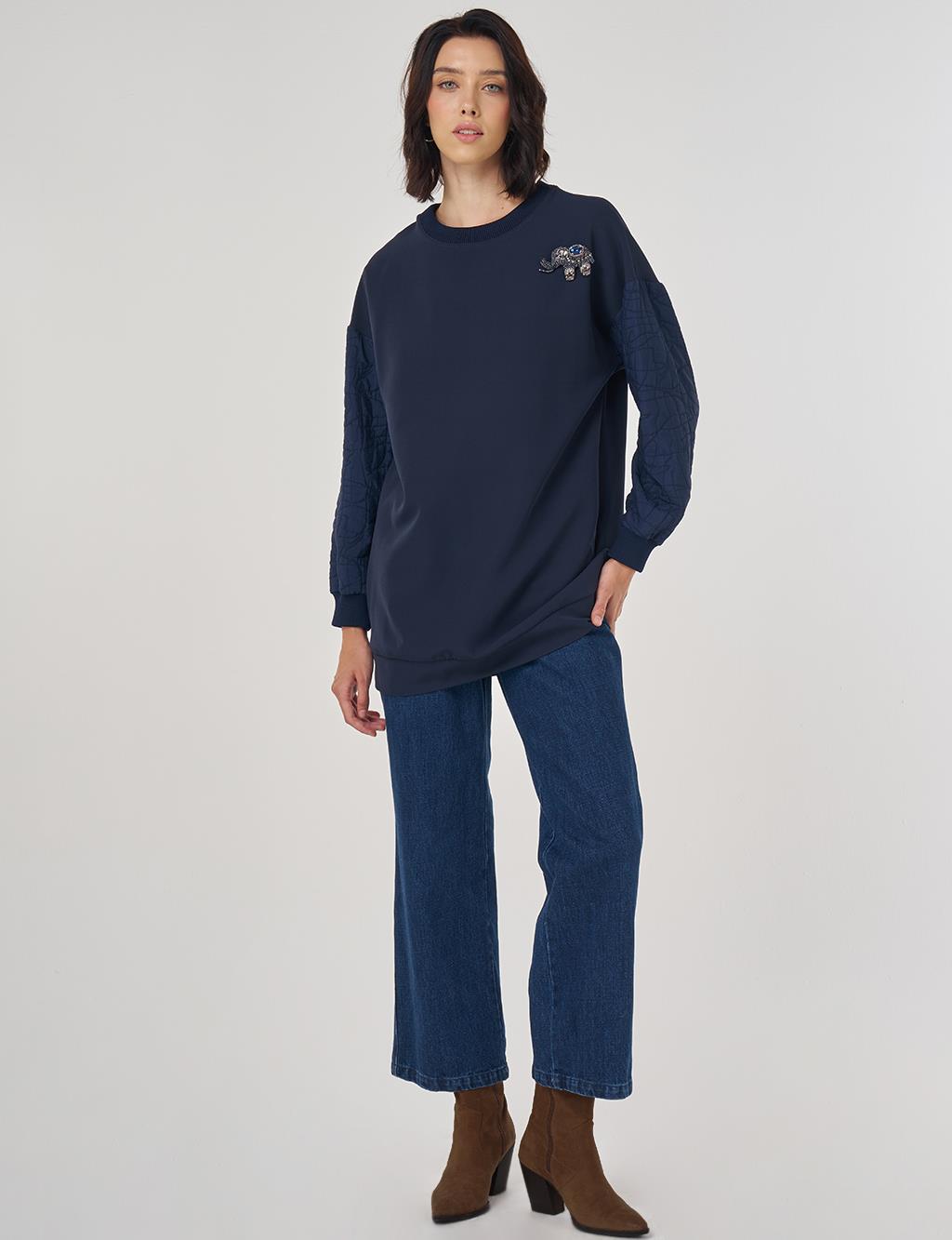 Kumaş Garnili Sweatshirt Koyu Lacivert