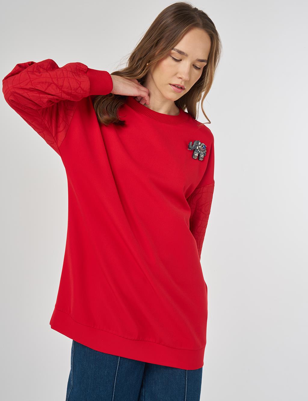 Kumaş Garnili Sweatshirt Kırmızı 