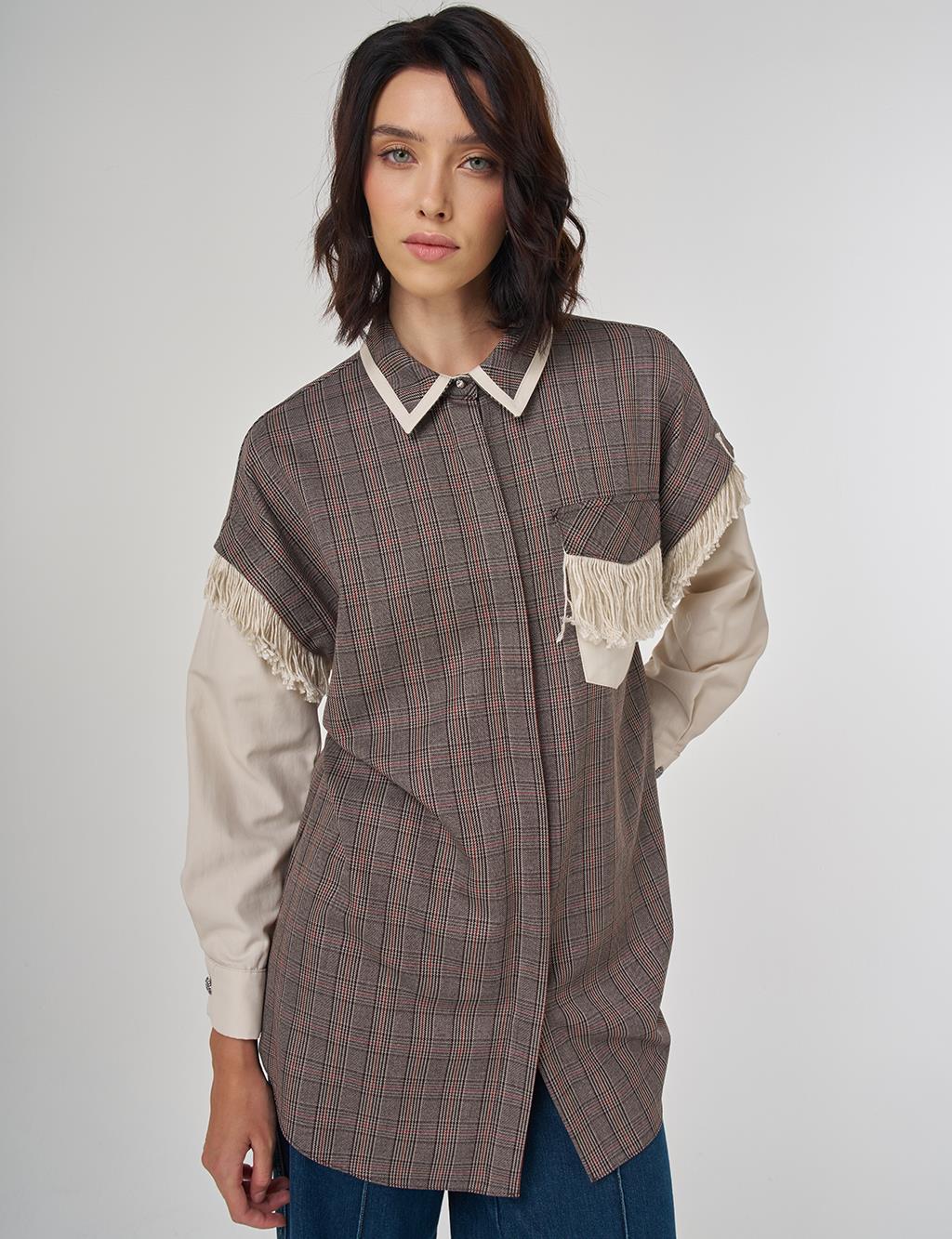 Fringed Checked Pattern Tunic Dark Brown
