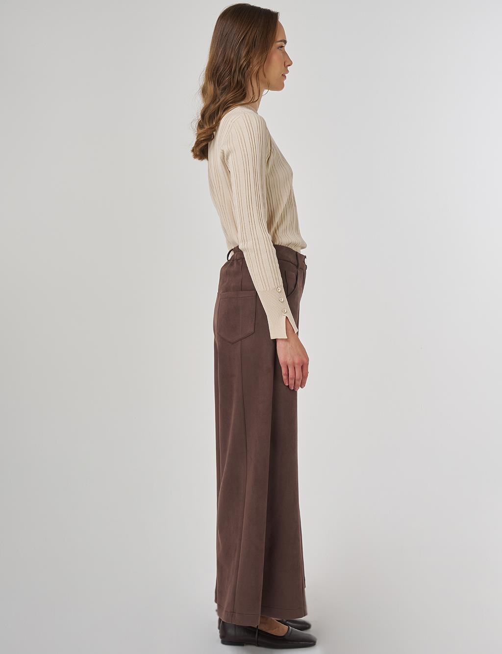 Wide Leg Suede Pants Dark Brown