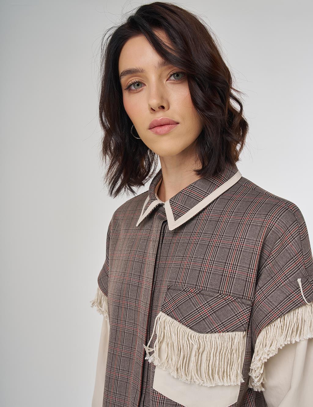 Fringed Checked Pattern Tunic Dark Brown