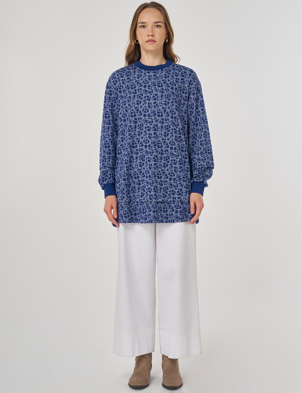 Desenli Viskon Sweatshirt İndigo 