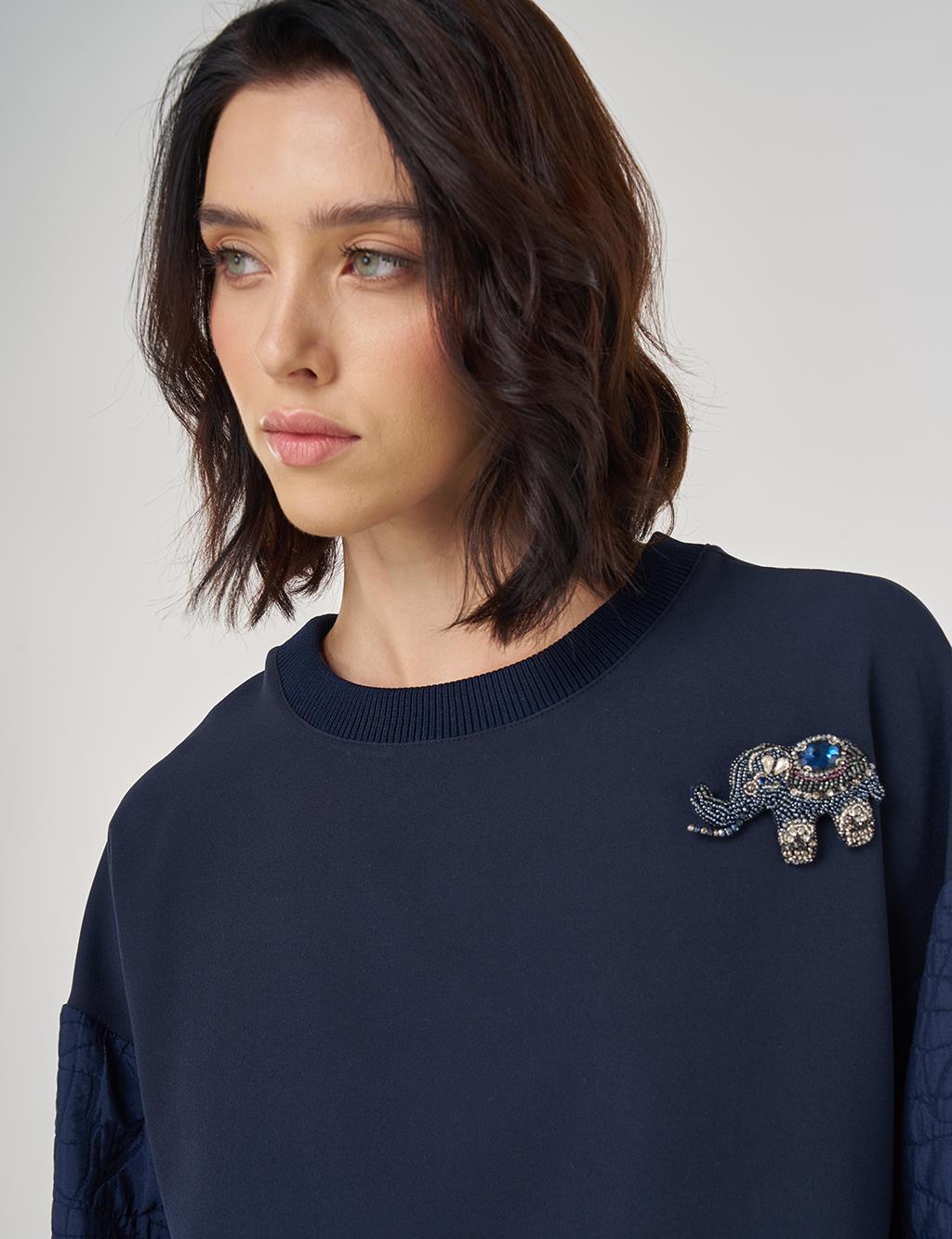 Kumaş Garnili Sweatshirt Koyu Lacivert