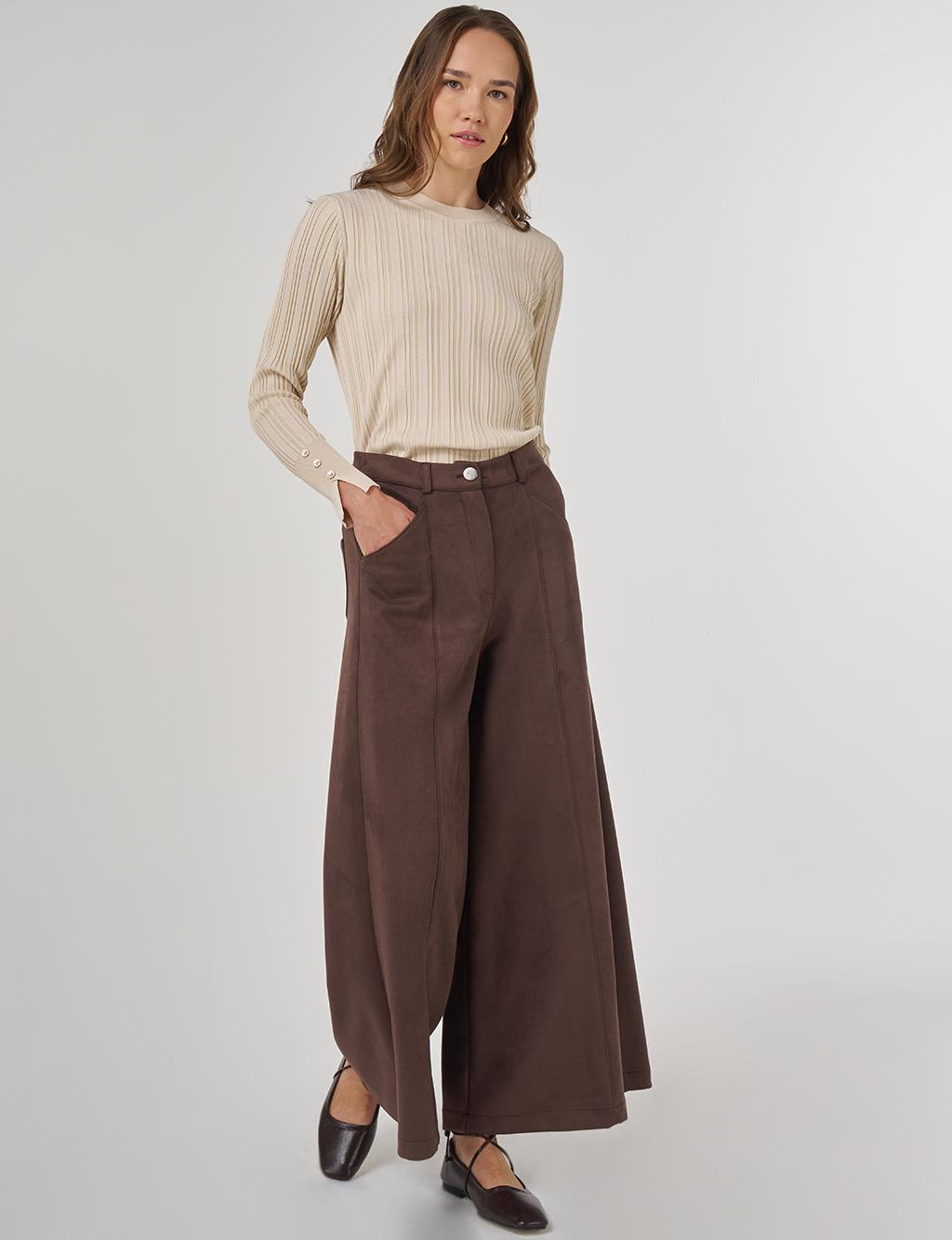 Wide Leg Suede Pants Dark Brown