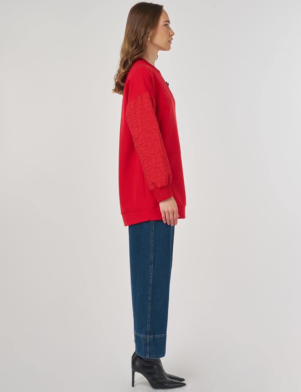 Kumaş Garnili Sweatshirt Kırmızı 