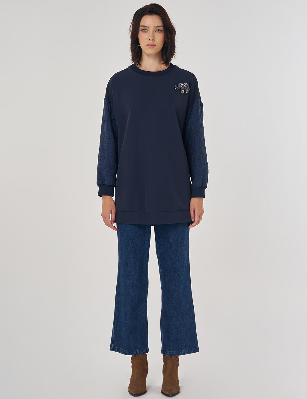 Kumaş Garnili Sweatshirt Koyu Lacivert