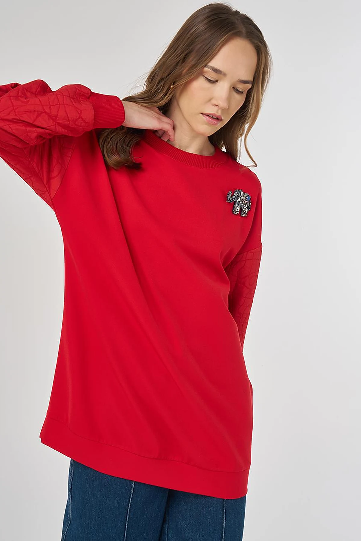 Kumaş Garnili Sweatshirt Kırmızı 