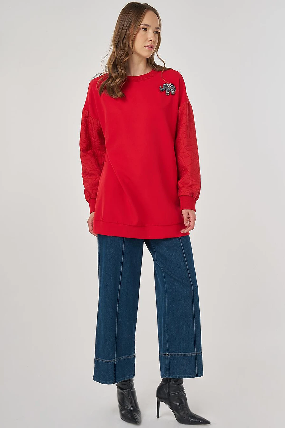 Kumaş Garnili Sweatshirt Kırmızı 