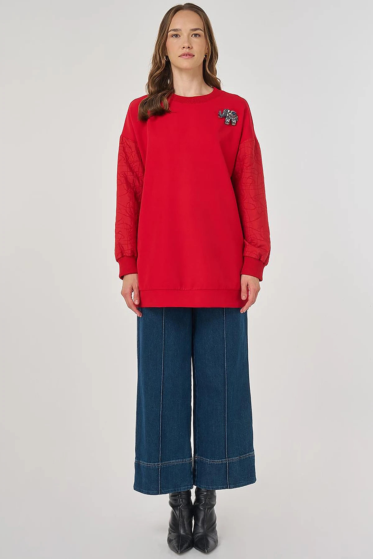 Kumaş Garnili Sweatshirt Kırmızı 