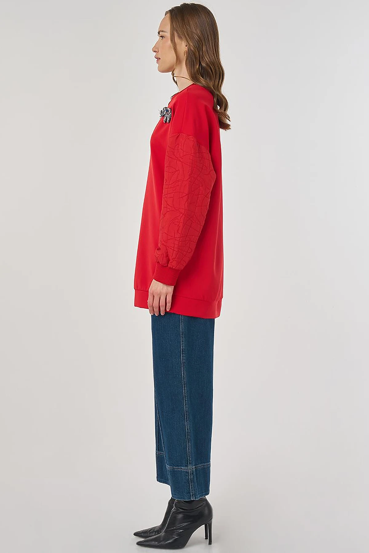 Kumaş Garnili Sweatshirt Kırmızı 