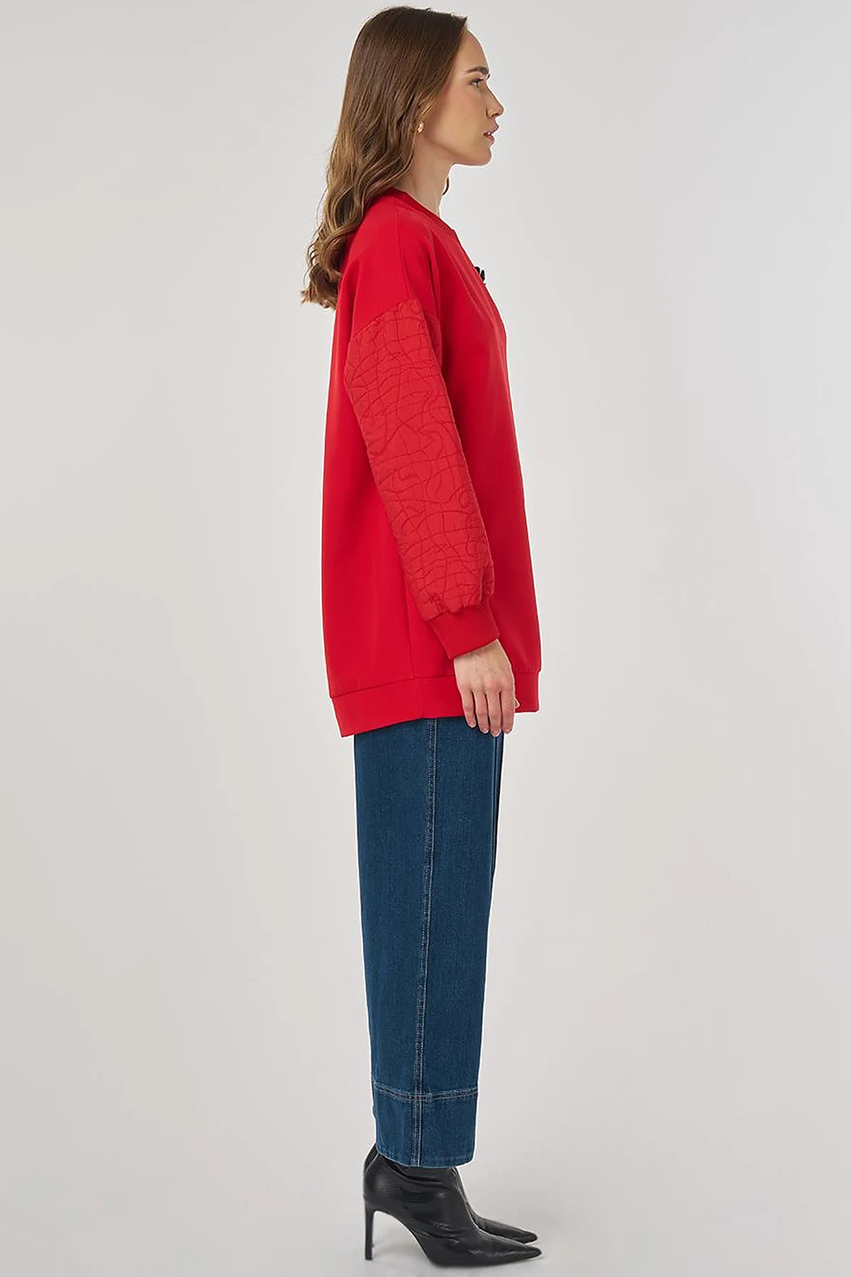 Kumaş Garnili Sweatshirt Kırmızı 